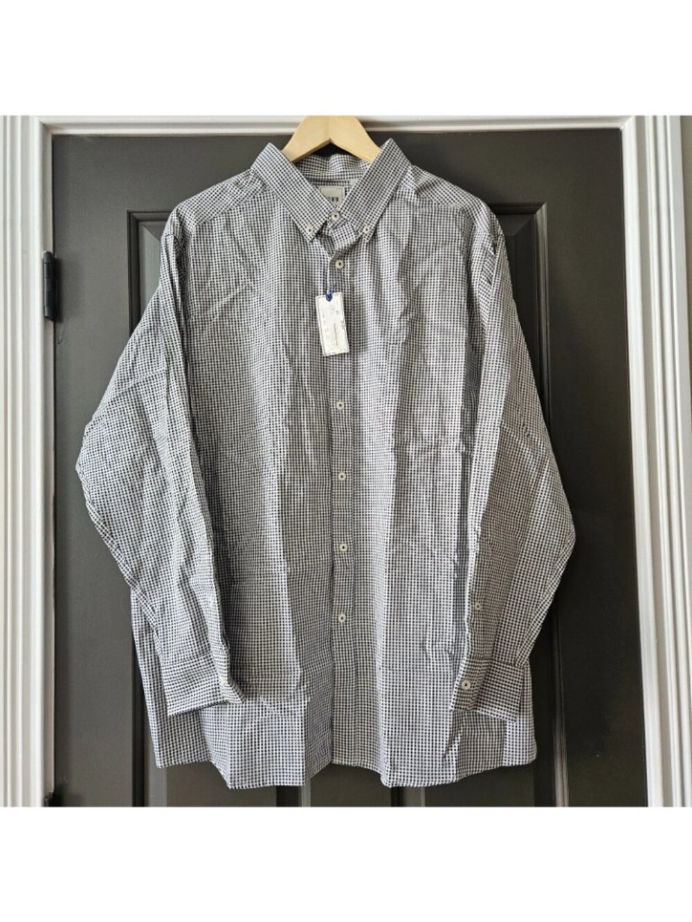 Mens 2XL Big & Tall Black Check Long Sleeve Button Up Shirt Cotton Preppy Office